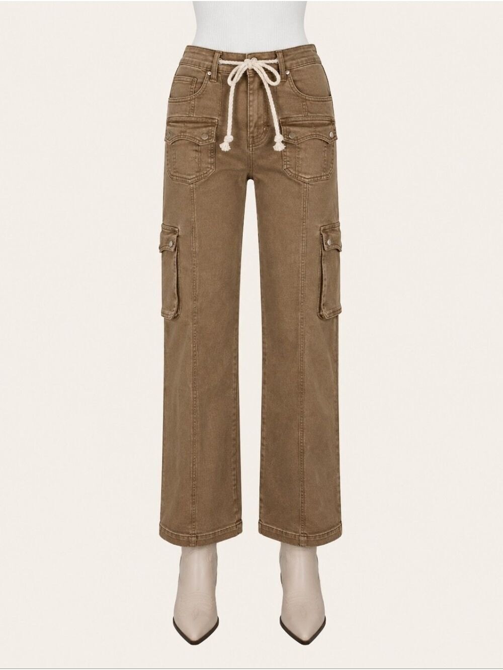 Risen Cocoa Cargo Straight Leg Jeans NWT Size 1/25 Utility Chic Cotton Stretch